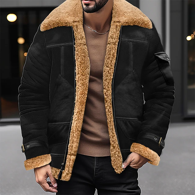 Men's Daily Fashion Sherpa Jacket for Fall/Winter Wear Lapel Collar Fuzzy Long Sleeve Winter Jacket
