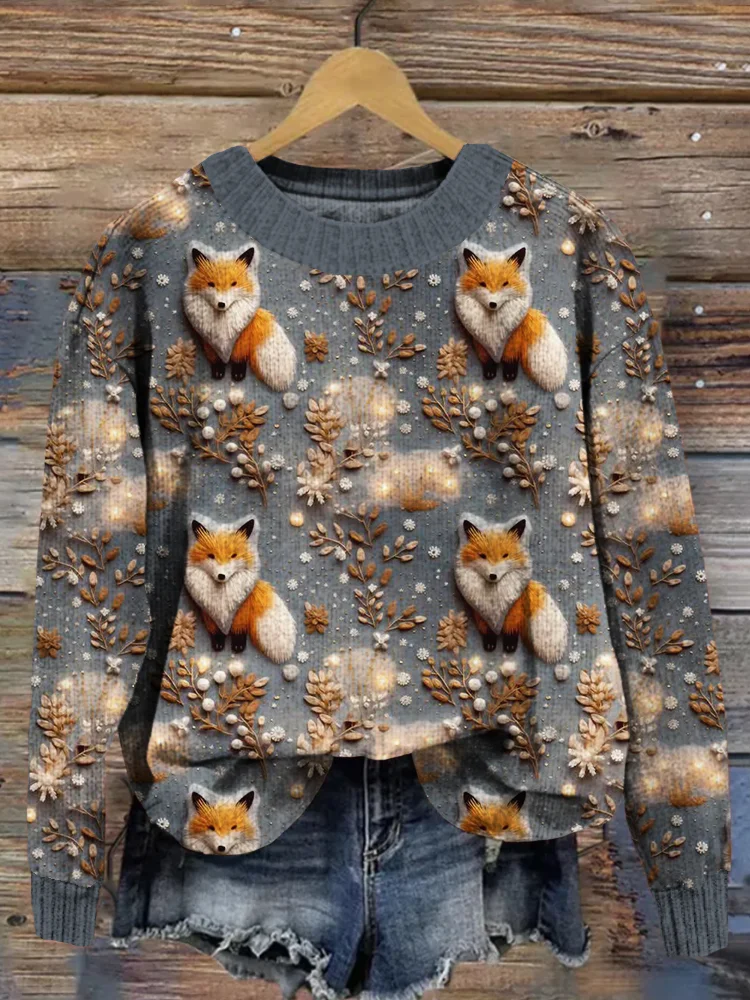Cute Fox Embroidery Art Crew Neck Cozy Knit Sweater