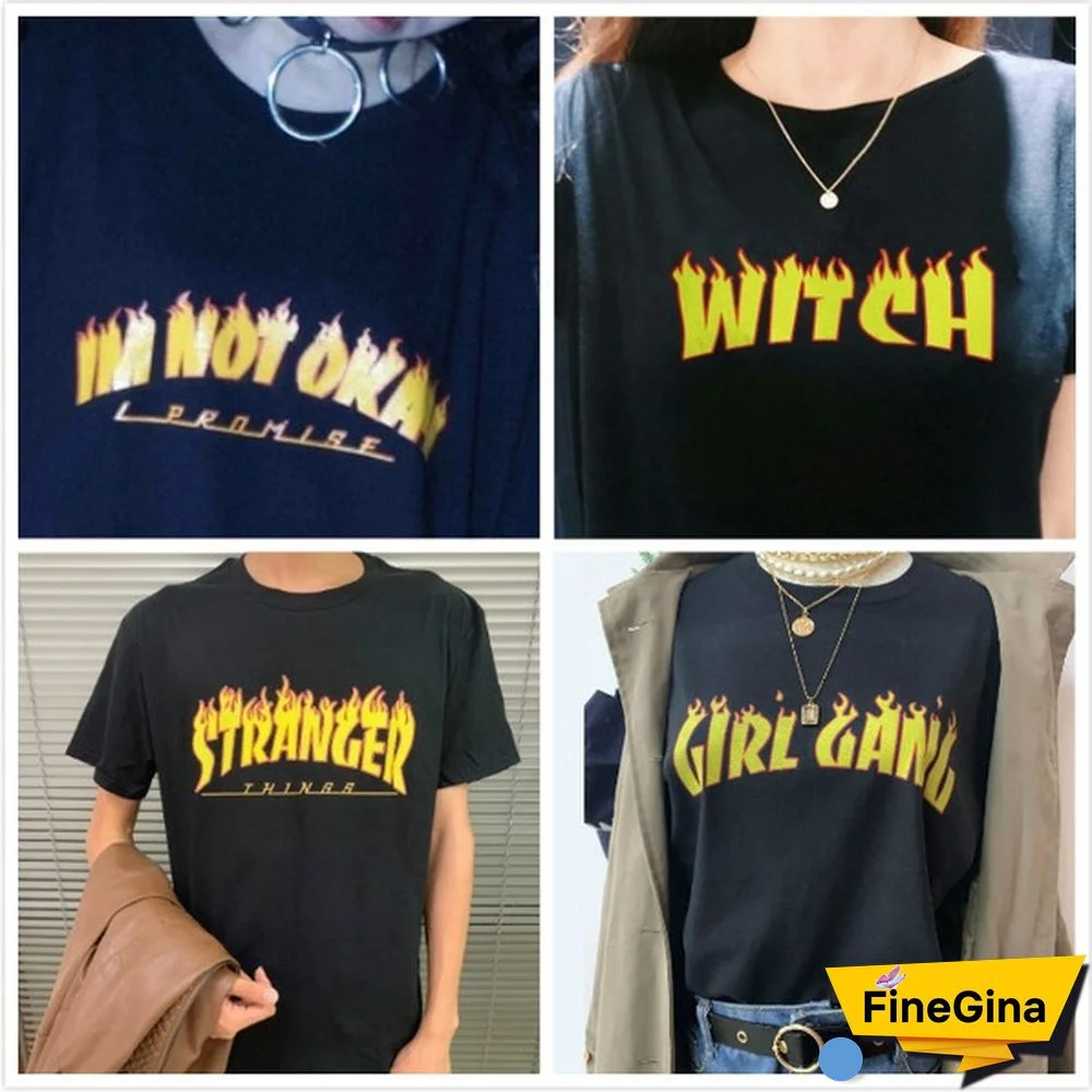 1Pcs Girl Gang Stranger Things Flame T Shirt Hot Topic Sleeve Men's Crew Neck Stranger Things Should I Stay Short Compression T Shirts