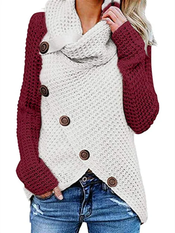 Women's Stitching Colorblock Long Sleeve Turtle Neck Tops