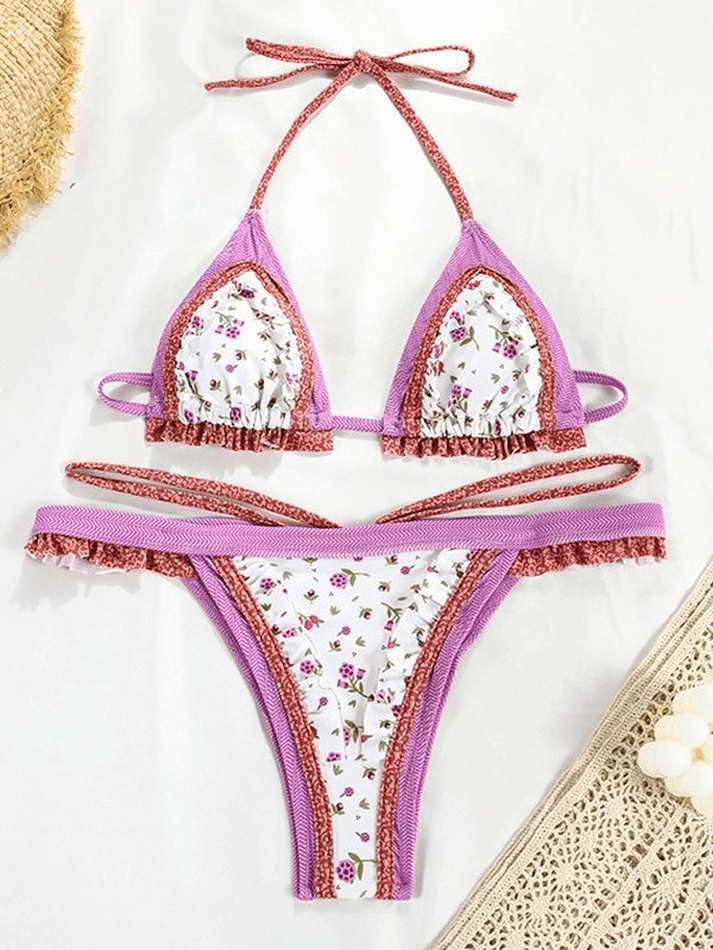 Brownm Patchwork Baroque Print Halter Bikini Set