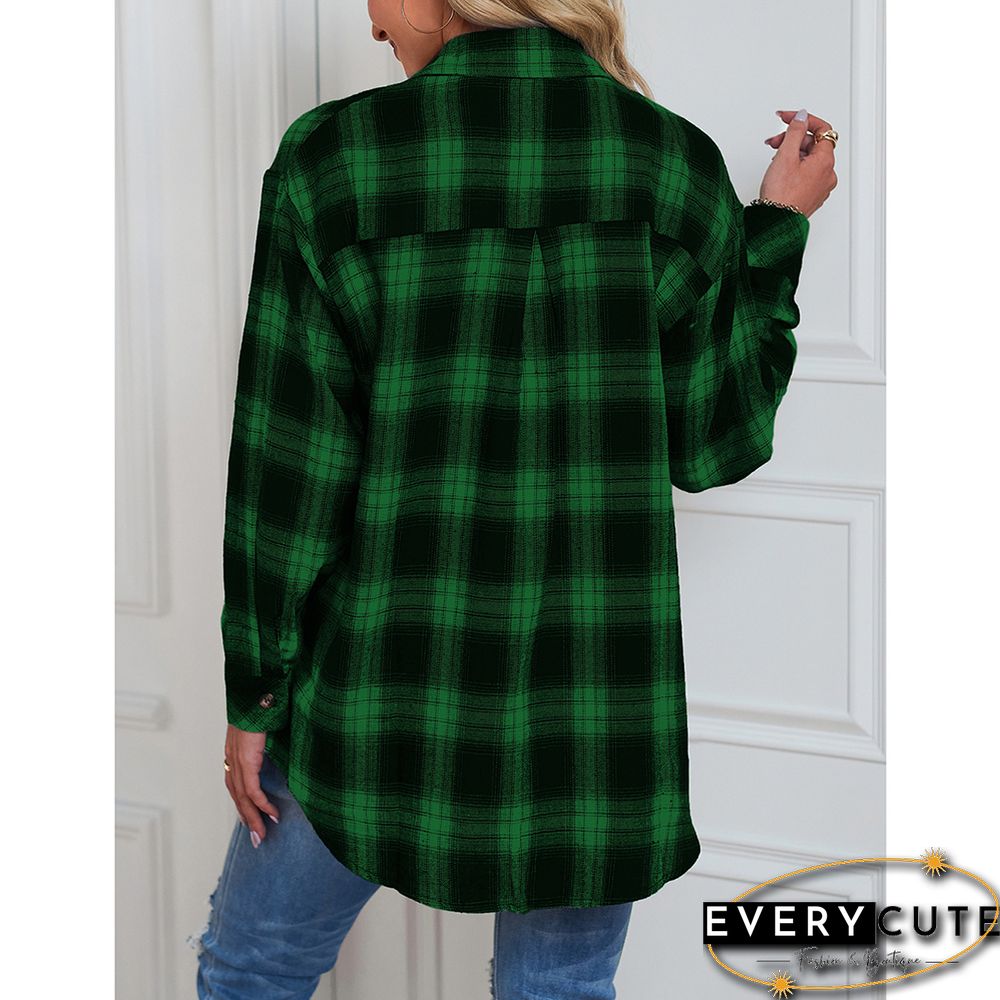 Green Plaid Print Loose Style Lightweight Shirt Jacket