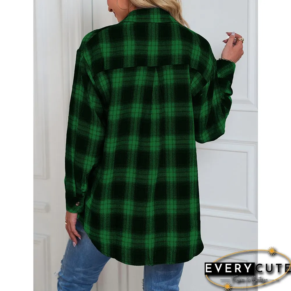 Green Plaid Print Loose Style Lightweight Shirt Jacket
