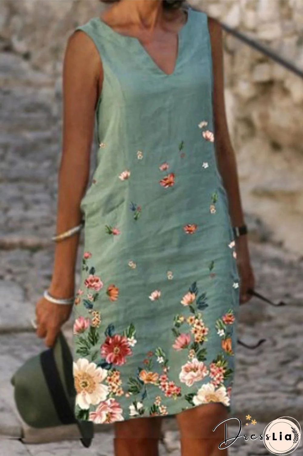 V-Neck Sleeveless Floral Print Dress