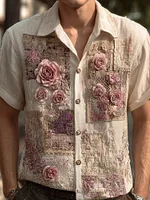 Men's Floral Lace Embroidered Retro Patchwork Linen Shirt