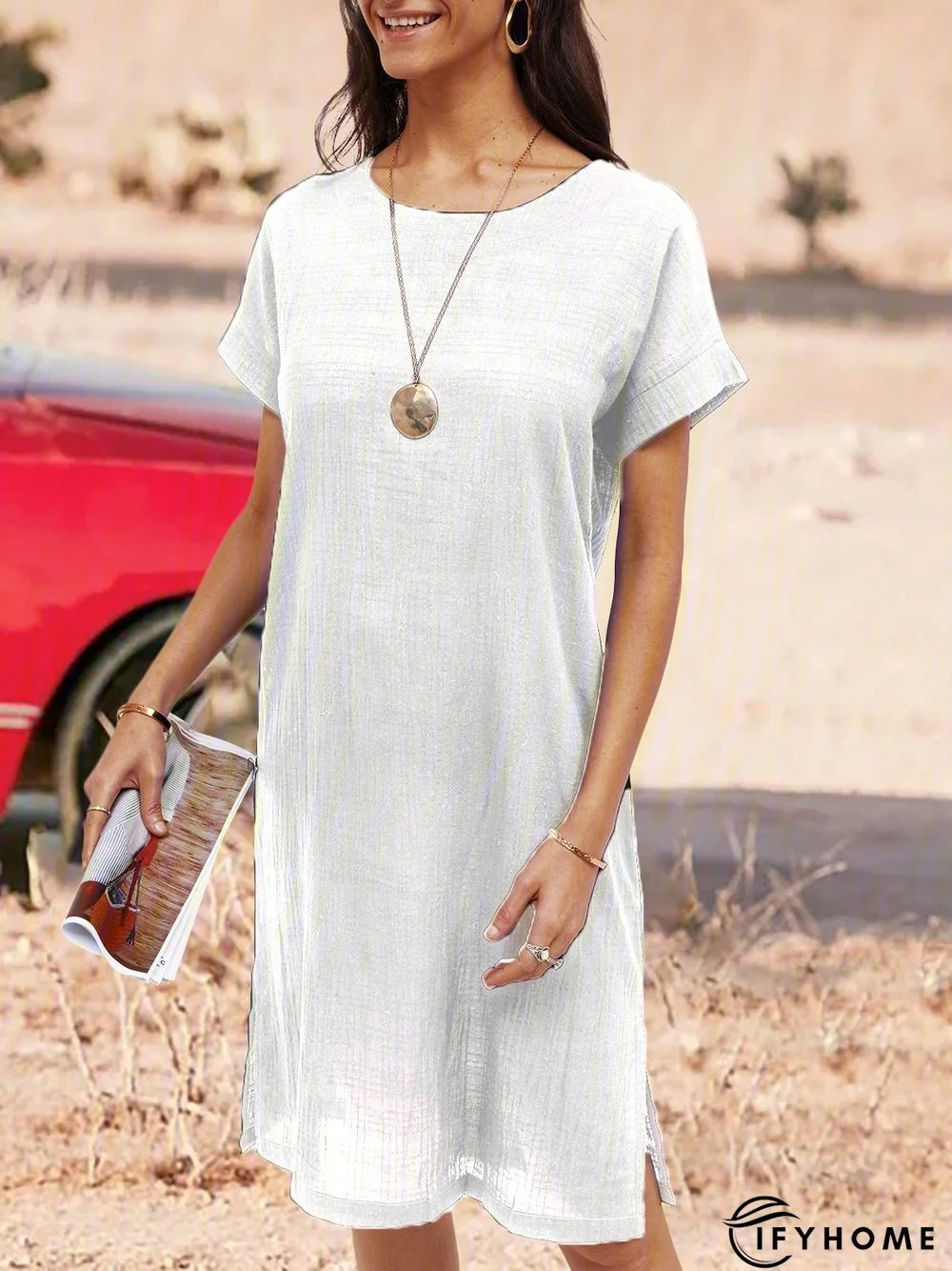 Soft Short Sleeve Cotton-Blend Casual Round Neck Knitting Dress | IFYHOME