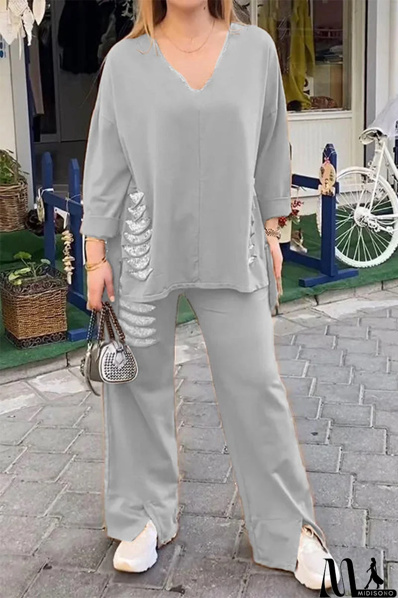 MidiSono - Casual Daily Ripped Sequins Irregular V Neck Half Sleeve Two Pieces(8 Colors)