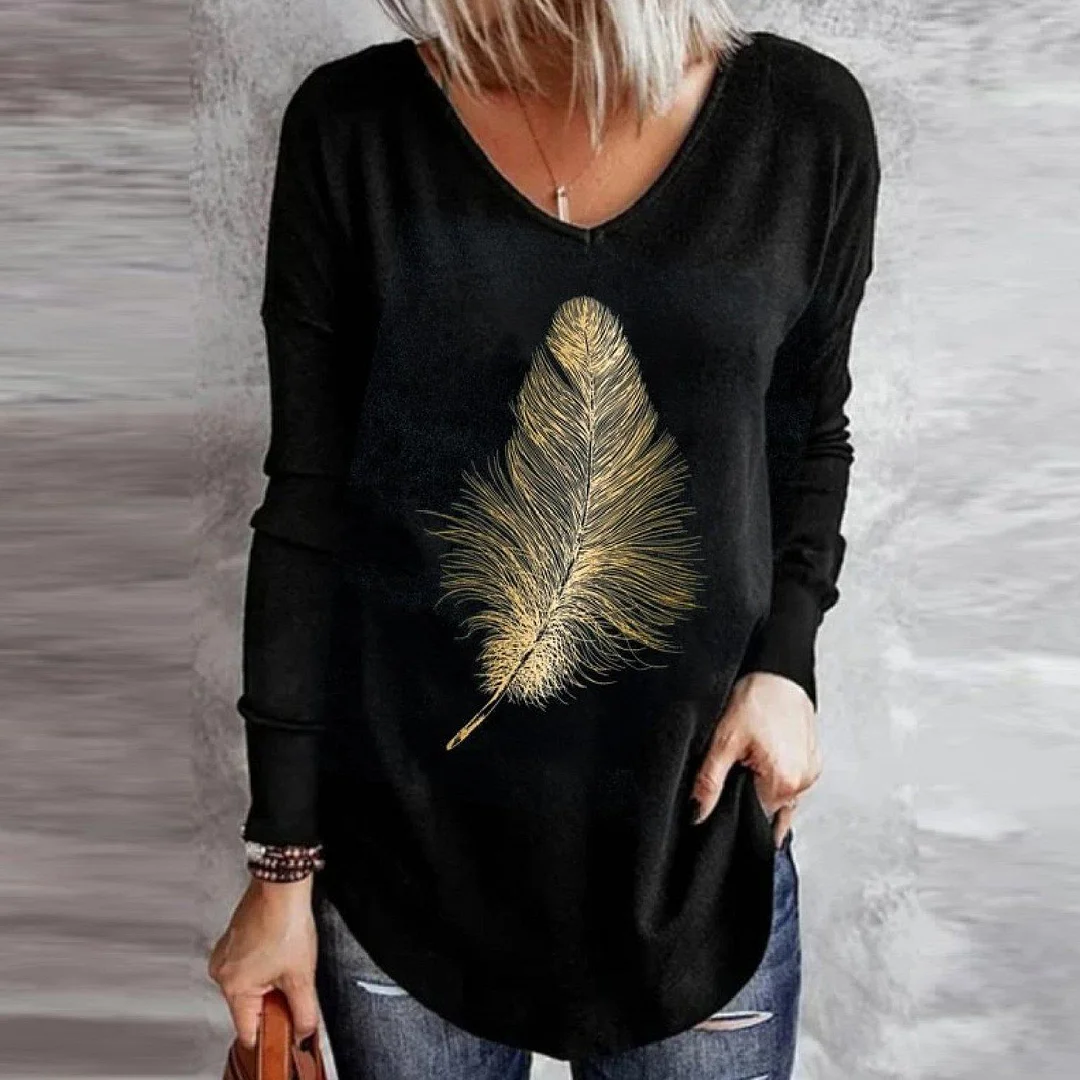 Casual V-neck Feather Print Long Sleeve Top
