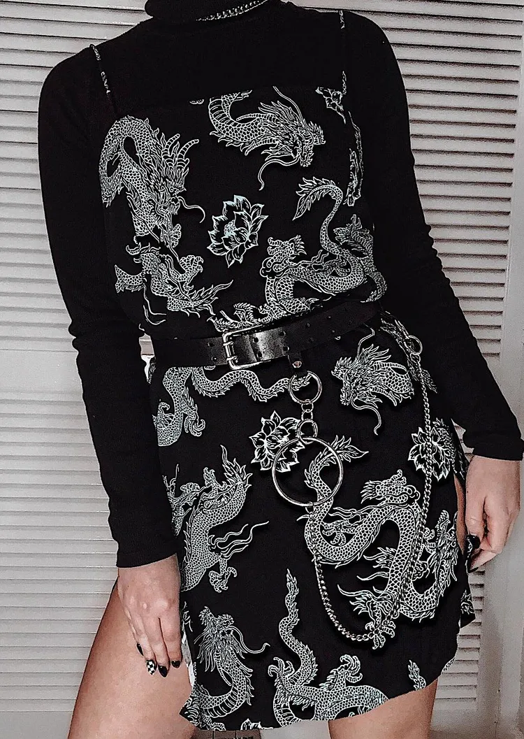 Women Dragon Print Mini Dress BlackAugust Lemonade