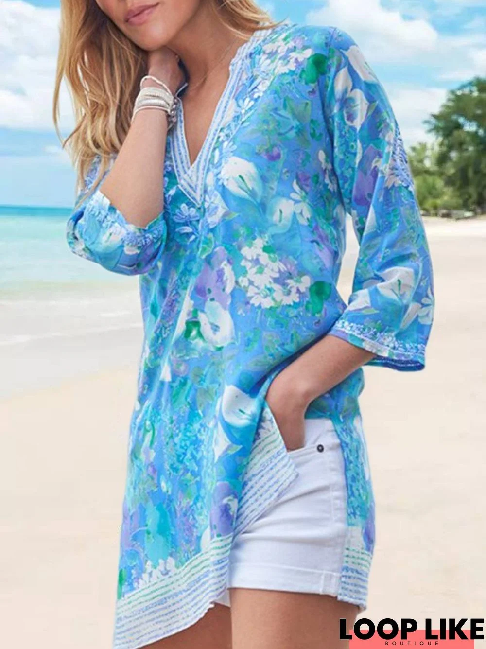 zolucky Woman Chiffon Floral-Print Half Sleeve V Neck Elegant T-shirt