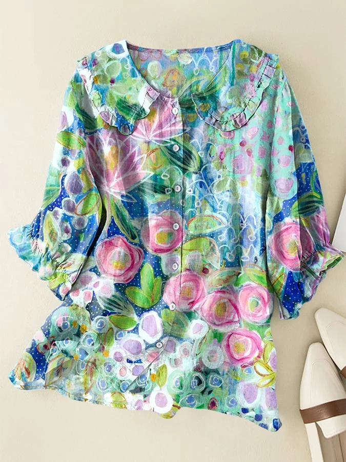 Vintage Floral Cotton and Linen Loose Peter Pan Ruffle Collar Shirt