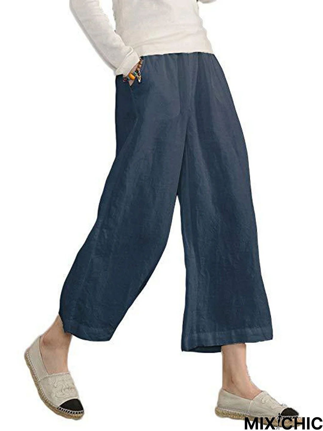 Daily Shift Casual Cotton-Blend Buttoned Solid Pants