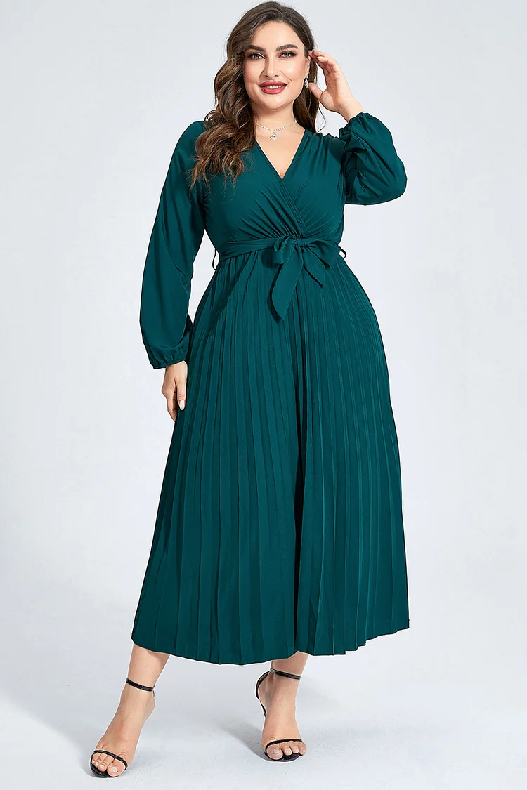 Flycurvy Plus Size Casual Green Fitted Waist Belt V Neck Pleated Midi Dress  Flycurvy [product_label]