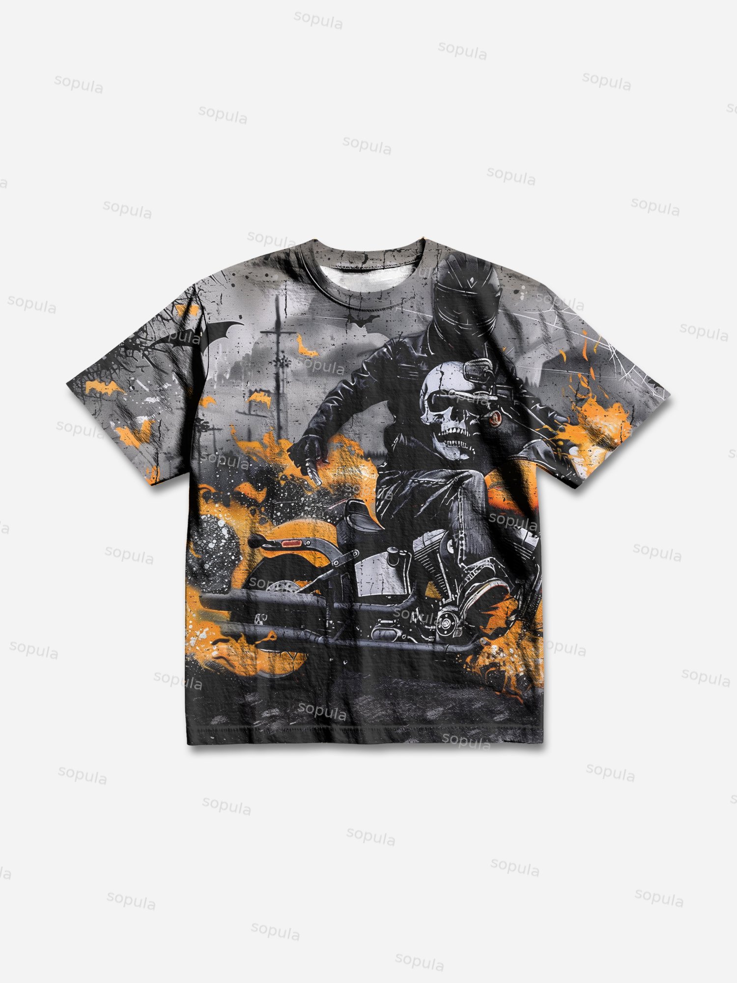 Vintage Flame Motorcycle Racing Full Print Graphic T-shirt - SOPULA