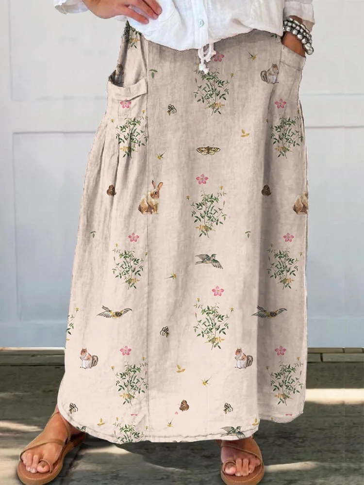 Elegant Flowers Rabbits And Butterflies Printed Women's Casual Cotton And Linen Skirt