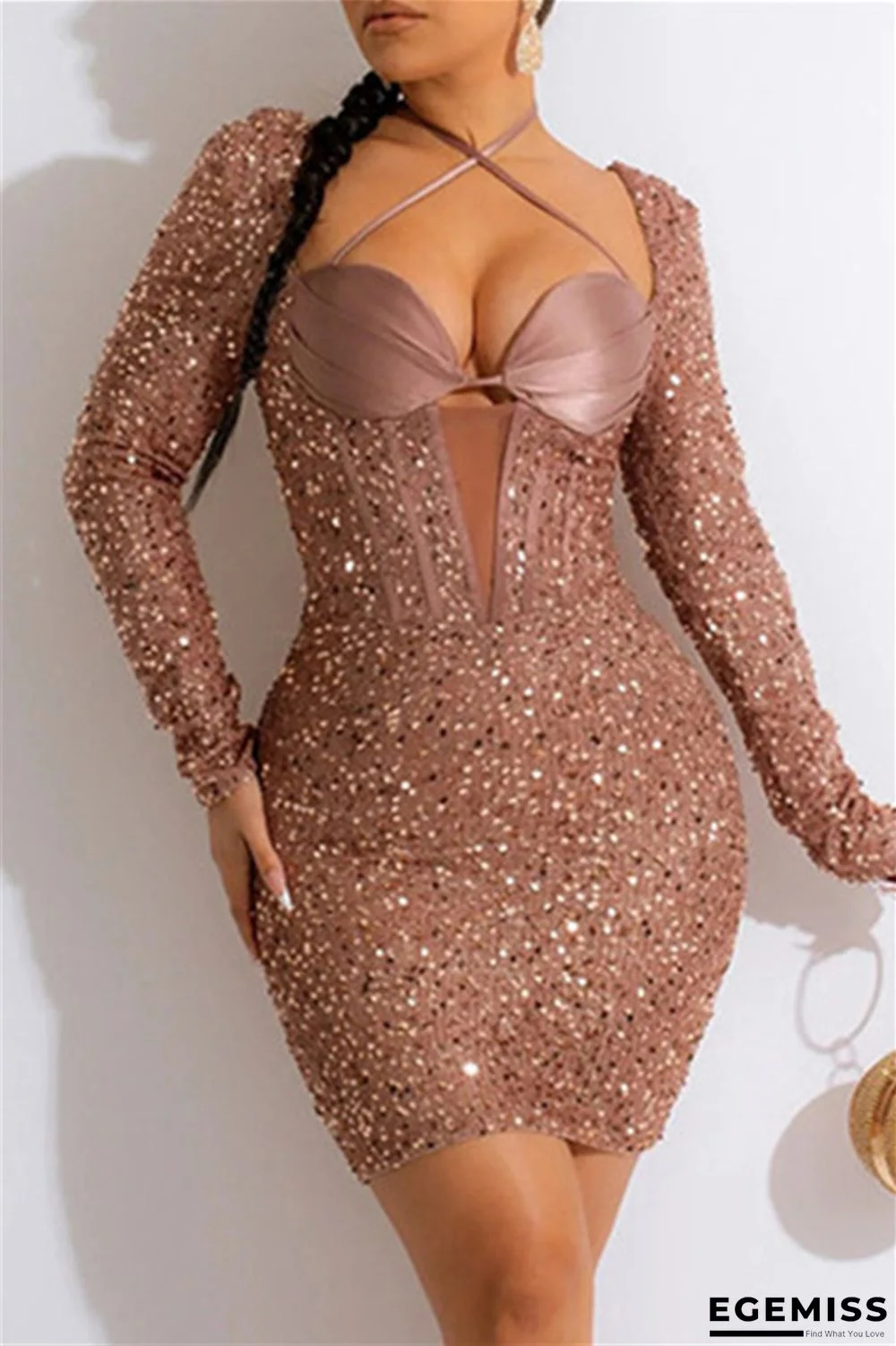 Bare Color Sexy Patchwork Bandage Sequins Backless Square Collar Long Sleeve Dresses | EGEMISS