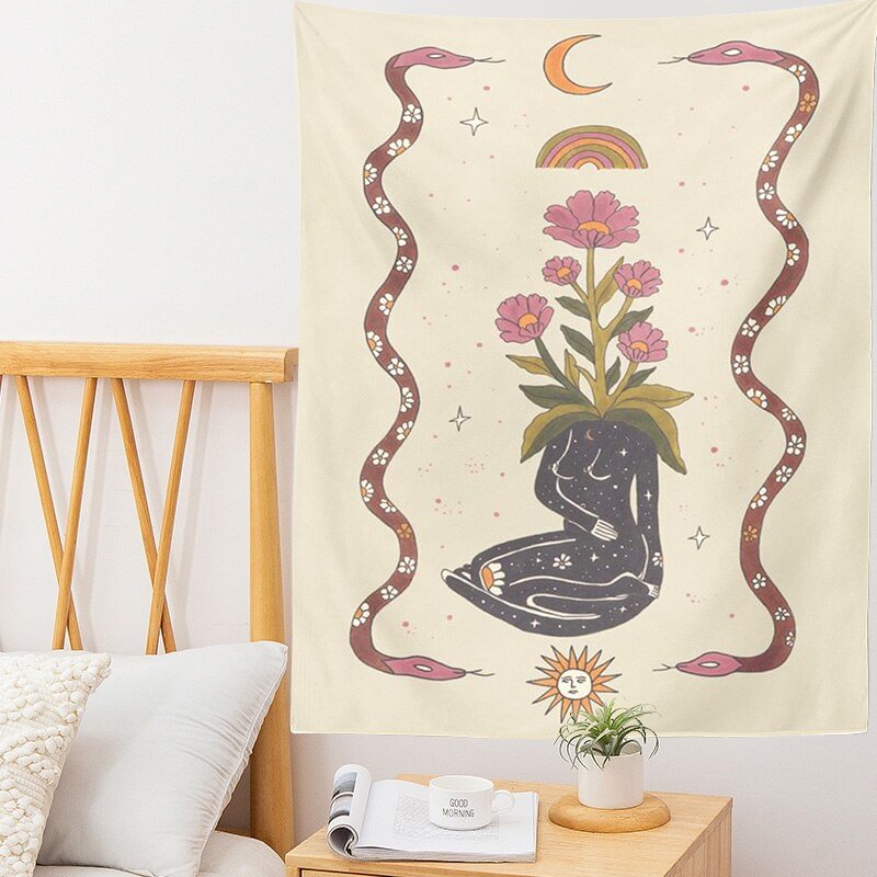 Tarot Card Tapestry Sun Moon Star Wall Hanging Astrology Divination Witchcraft Sun Moon Goddess Decor plant flower Tapestry
