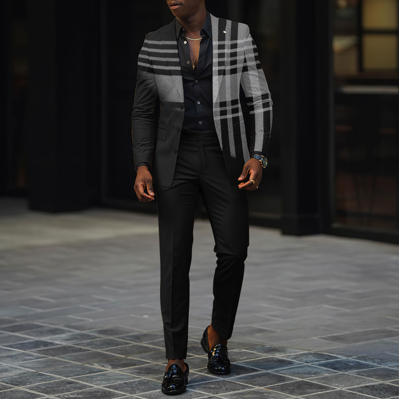 Partial Plaid Lapel Collar Blazer And Pants Two Piece Set