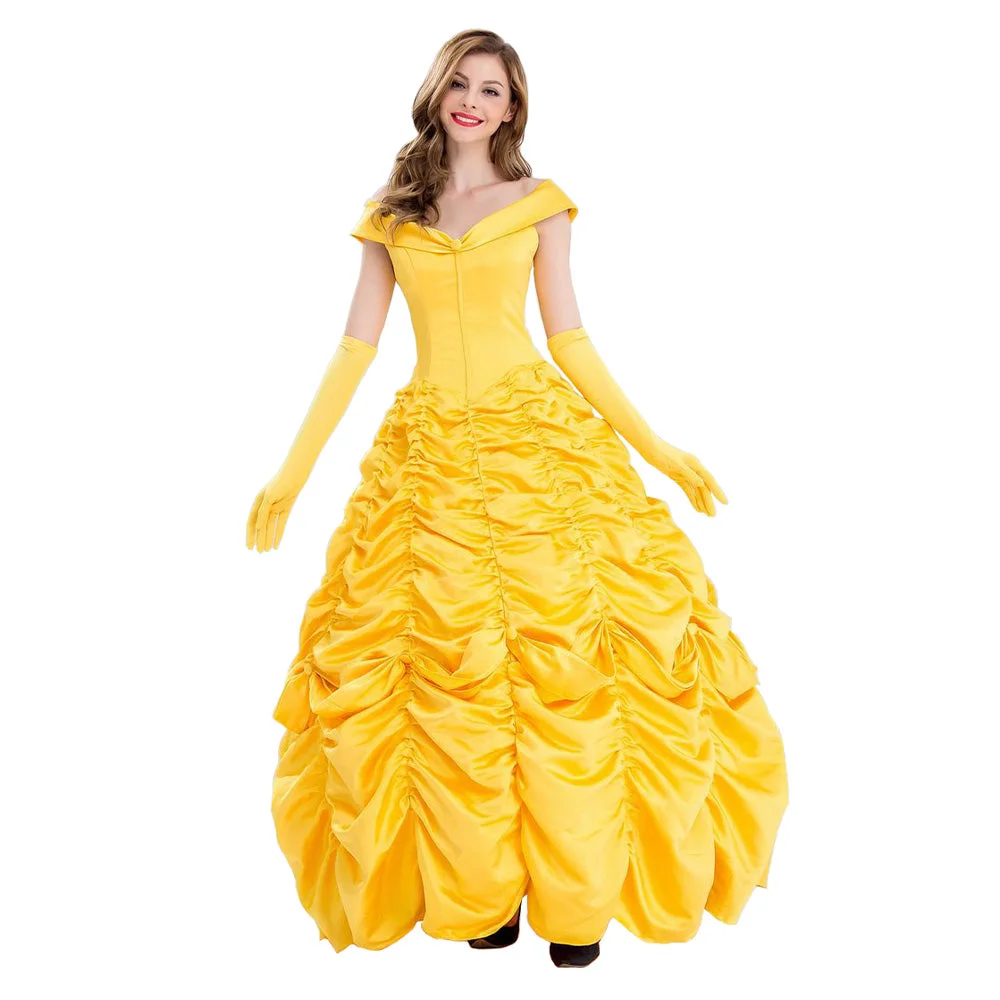 Movie Beauty And The Beast Belle Yellow Dress Outfits Cosplay Costume Halloween Suit