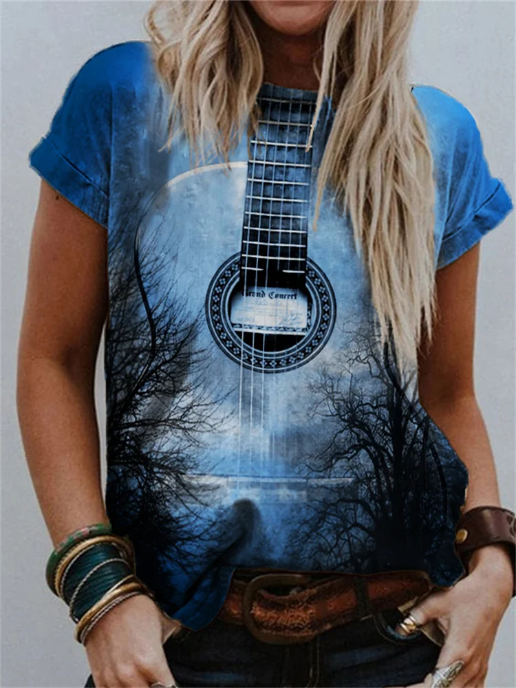 Guitar Inspired Reflection Landscape Crew Neck T Shirt