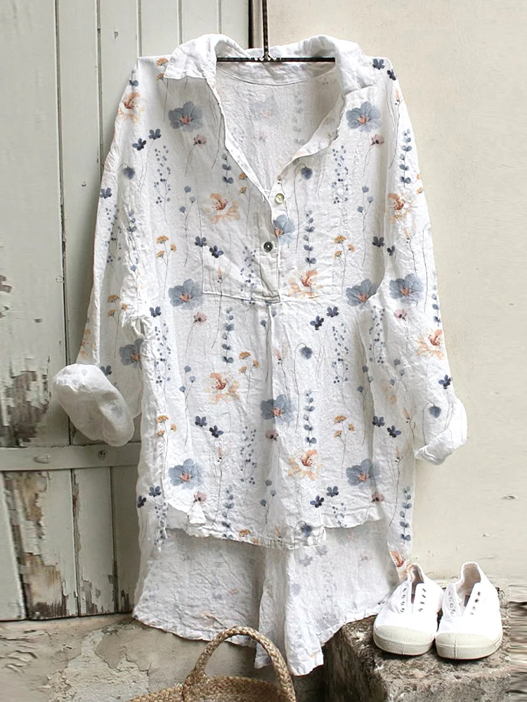 Comstylish Watercolor Flowers Print Casual Cozy Cotton Linen Shirt