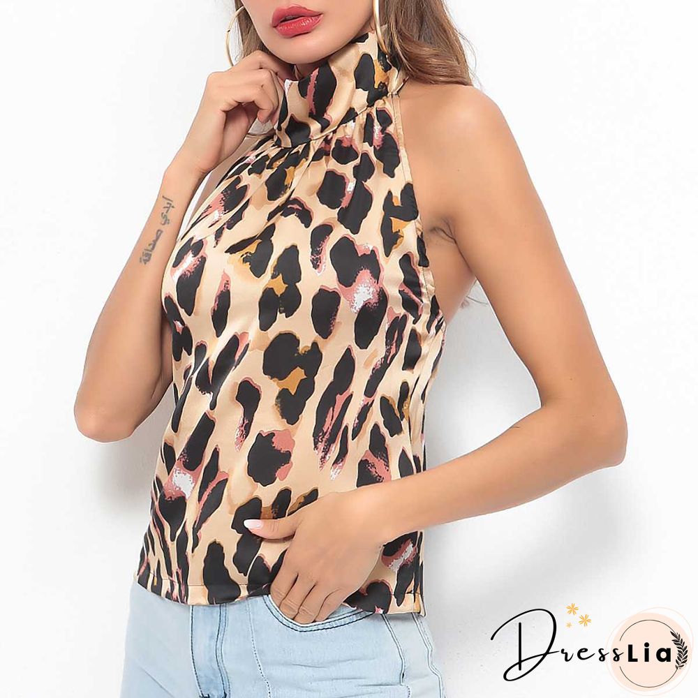 Leopard Halter Neck Tank Top Open Back Sleeveless Shirt