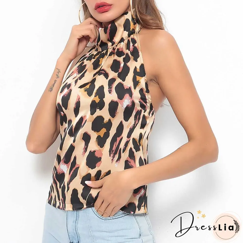 Leopard Halter Neck Tank Top Open Back Sleeveless Shirt