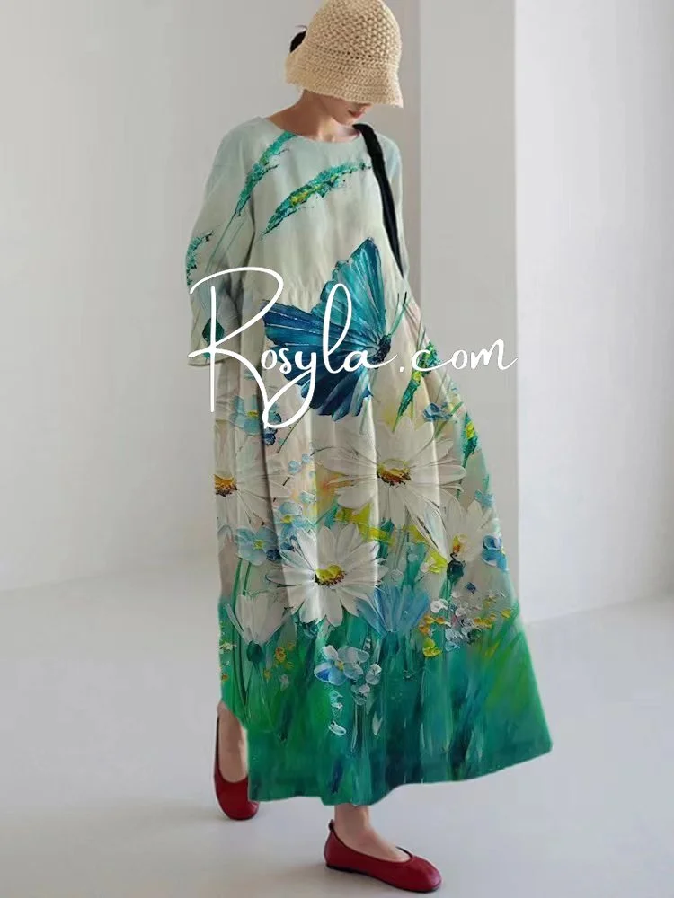 Women's Art Retro Butterfly Print Loose Round Neck Medium Length Skirt Dress