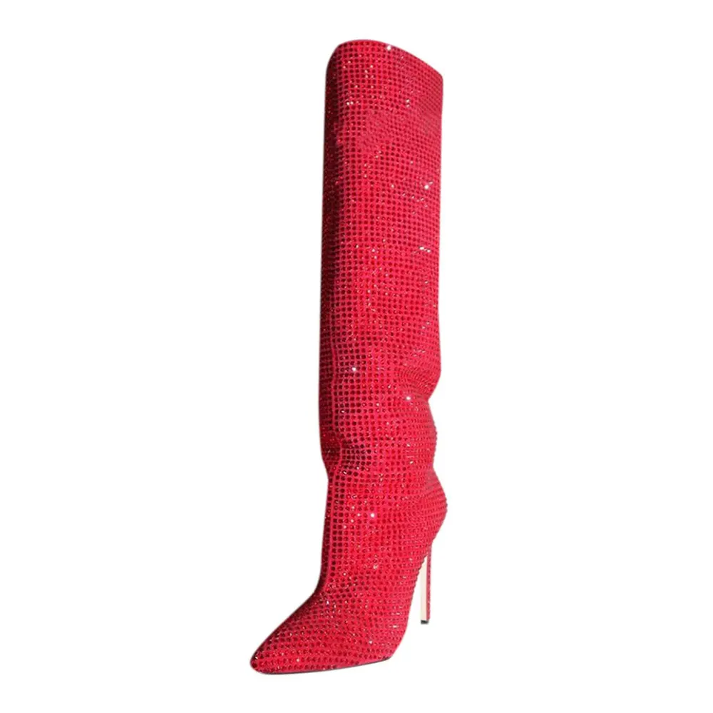 Red Pointed Toe Stiletto High Heel Long Boots with Rhinestone Nicepairs