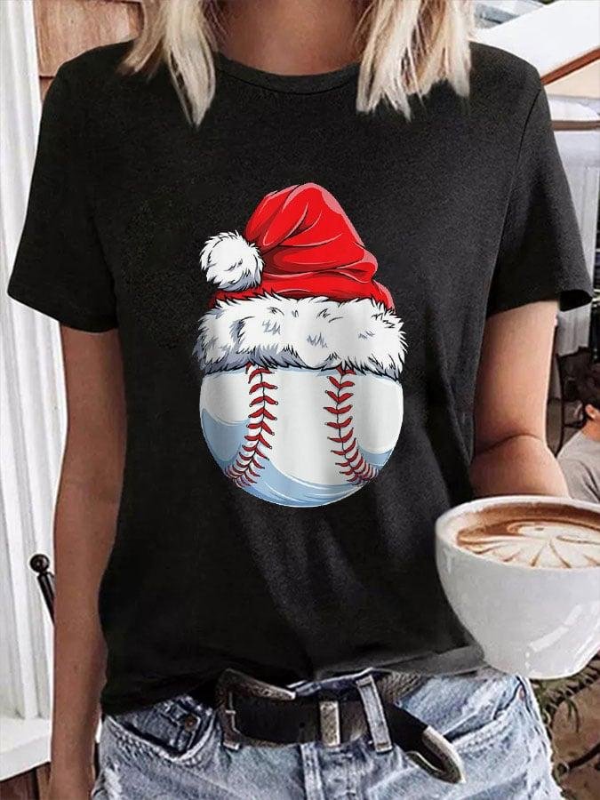 womens-christmas-baseball-ball-santa-hat-casual-print-t-shirt
