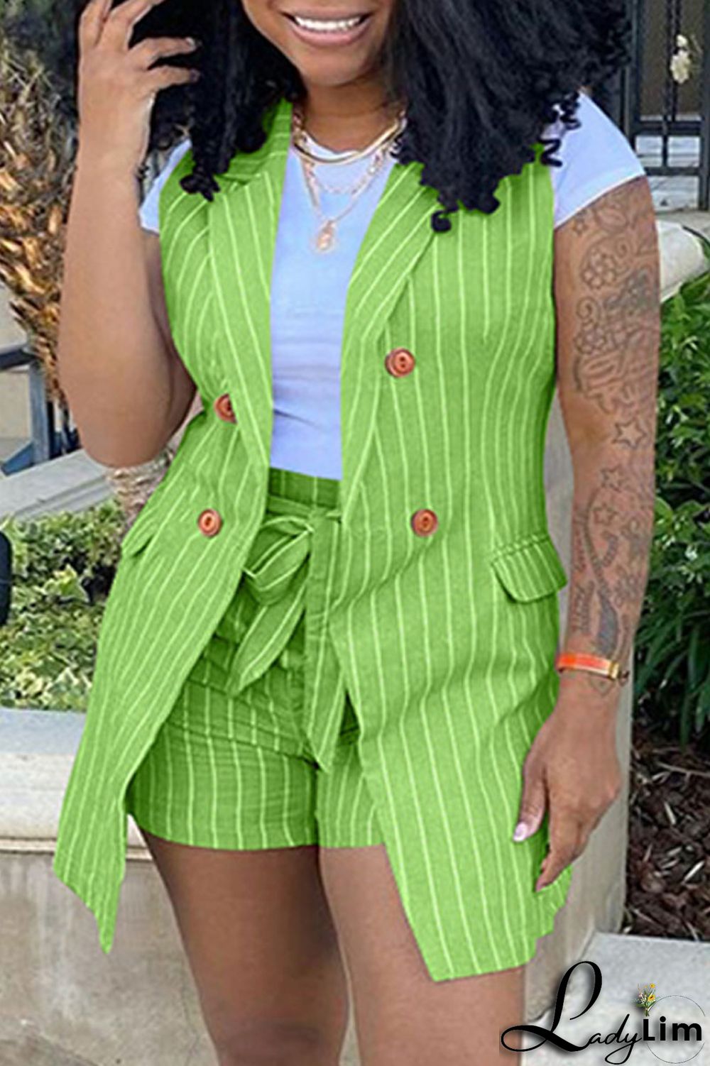 Black Fashion Casual Striped Print Patchwork Cardigan Turndown Collar Plus Size Two Pieces (Without T-shirt)