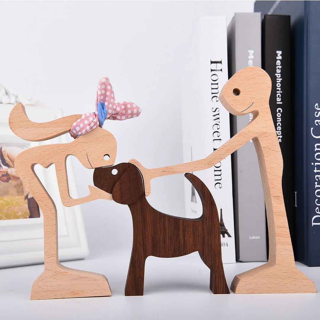 Handmade Wood Dog Decor Sculptures Craft Creative Figurine Ornement Decoration For Bedroom Home Office Decor Gift Natural