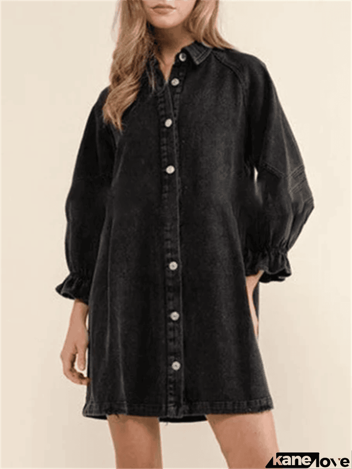 Women's Casual 3/4 Lantern Sleeve Denim Shirt Mini Dress