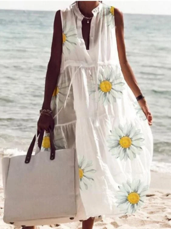 New ladies print dress small daisy V-neck sleeveless beach long dress