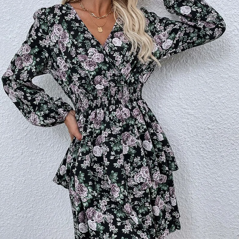 Huiketi Women's Spring Fall V Neck Long Sleeve Floral A Line Dress For Ladies Fashion Puff Sleeve Printed All Match Waist Dress