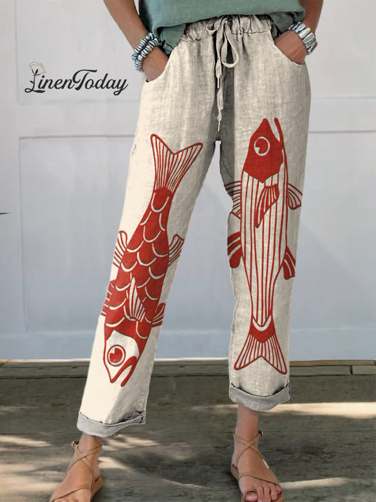 Women’s Red Fish Vintage Art Printed 100% Cotton Casual Pants Multicolor / S