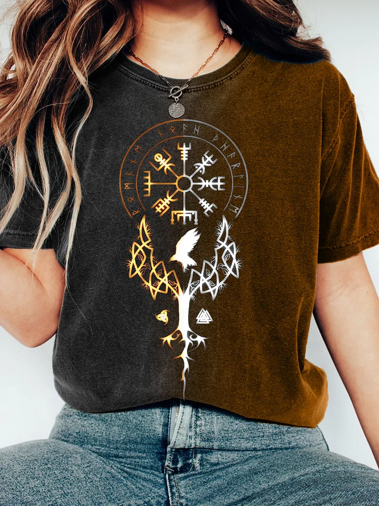 Frauen Viking inspirierte Print Kontrast farbe T-Shirt