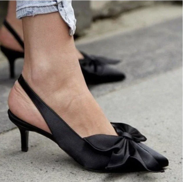 Qengg Size 35~43 New Women High Heel Shoes Bow-knot Pointed Toe Shallow Sandals Shoes Low Heel Back Strappy Shoes Women Pumps