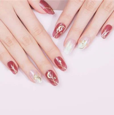 24pcs/set Punk Black Gradient Fake Nails Round Full Cover Gold Moon Star Decal Nail Art Tips Artificial Press on Nails-Nail Inspo