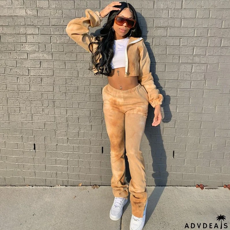 Women Tie Dye Printed Zip Long Sleeve Hoodies + Straight Pants Casual Two Piece Set