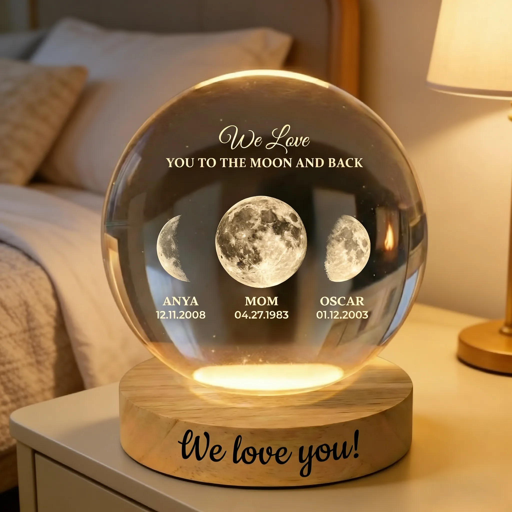 Personalized Moon Phase By Date Crystal Ball LED Night Light With Kids Name Mother's Day Gift For Mom