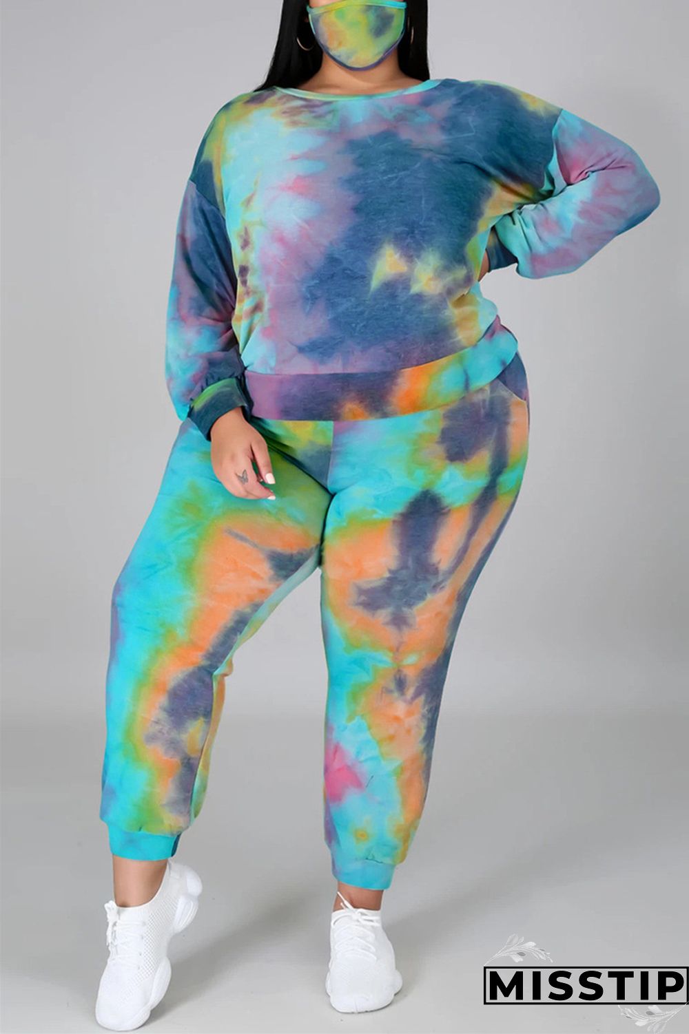 multicolor Fashion Casual Print Tie Dye Tie-dye Backless O Neck Plus Size Set