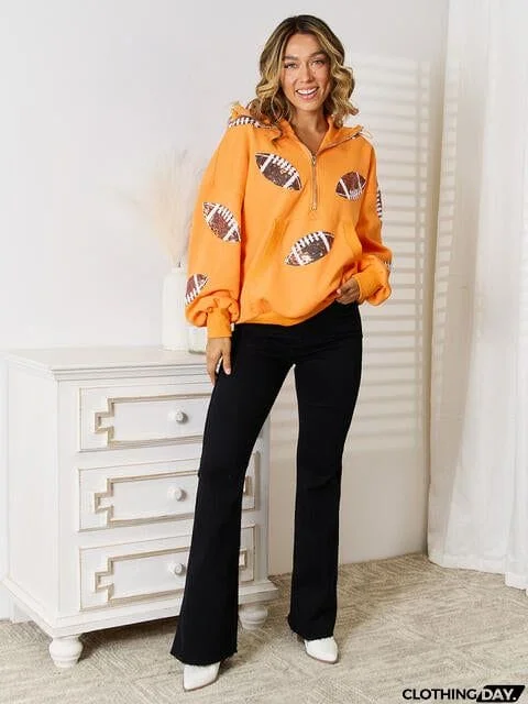 Sequin Football Patch Hal-Zip Hoodie