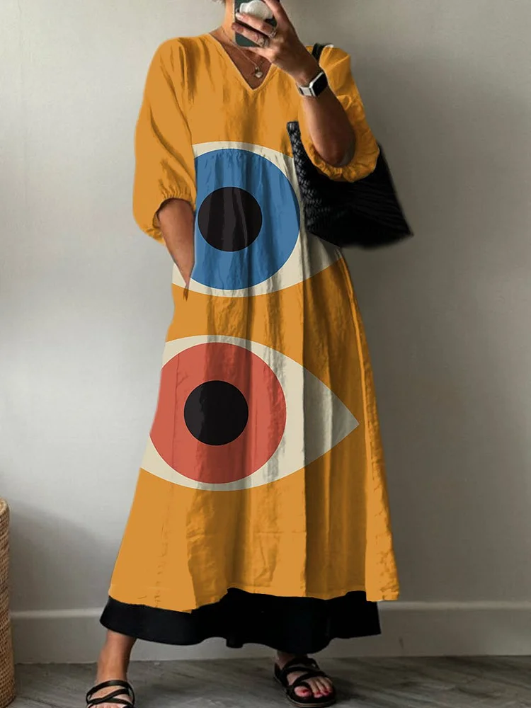 Women's  Minimalist Retro Print Pocket V-neck Cotton Dress