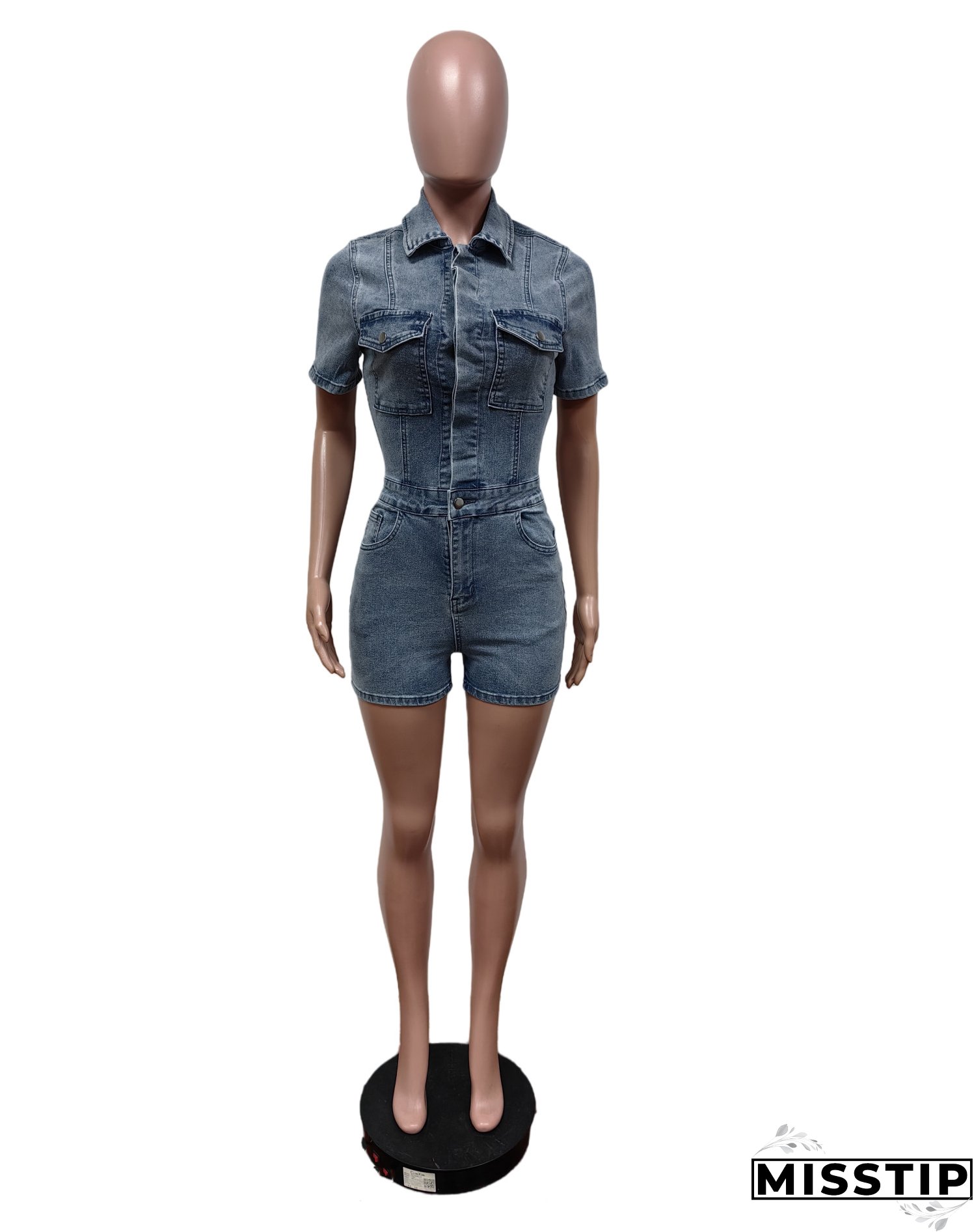 Women Stretch Denim Short Sleeve Jumpsuit
