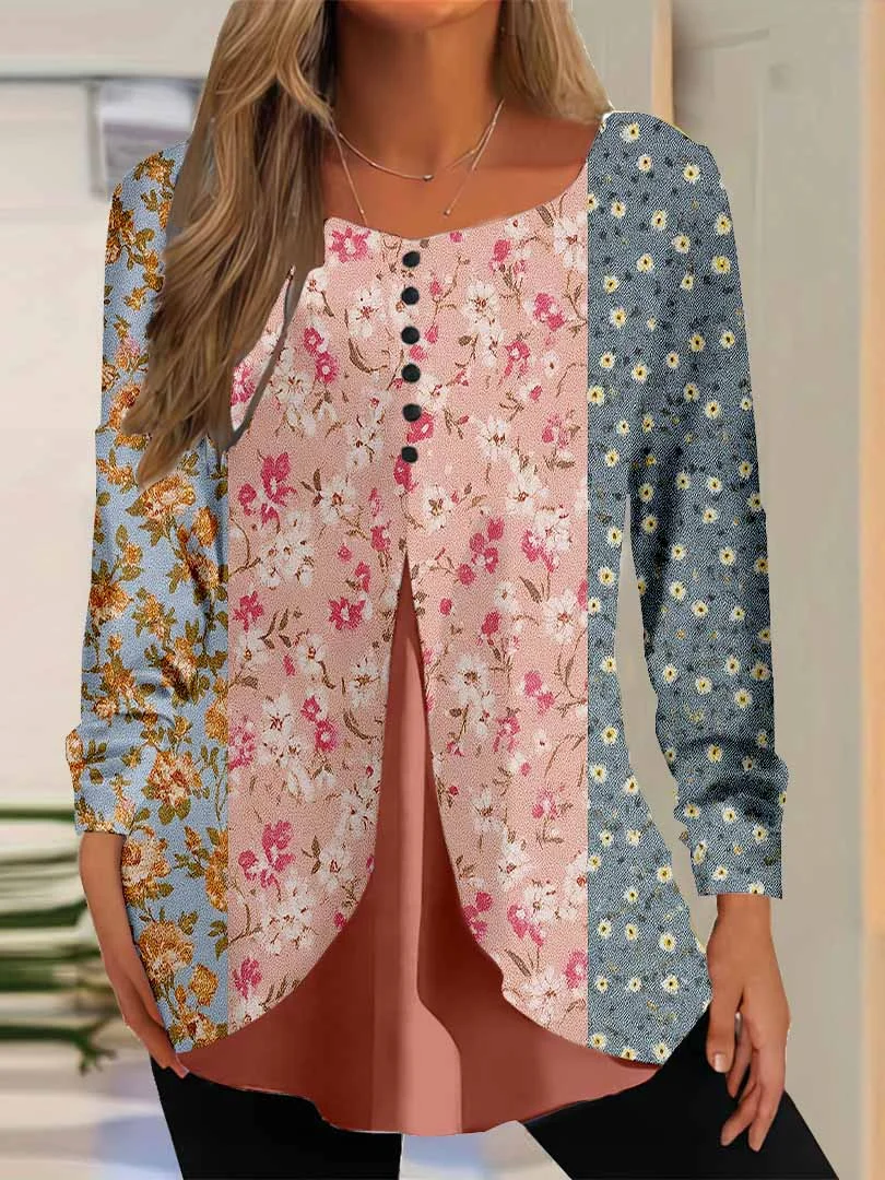 Women Floral,Colorblock,Colorful DZGG8137 Long Sleeve Scoop Neck Printed Graphic Button Fake 2in1 Tops