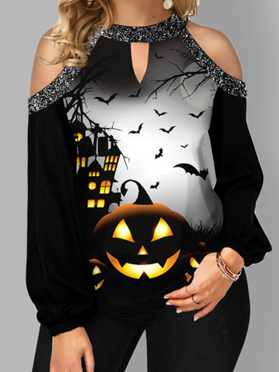 Halter Button Crew Neck Off Shoulder Halloween Print T-Shirt