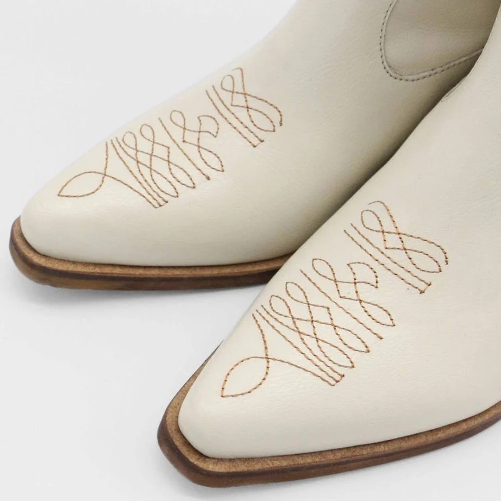 Beige Snip Toe Embroidered Chunky Heel Western Ankle Boots