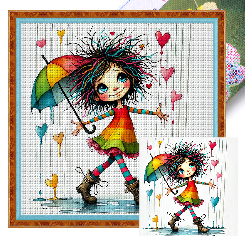 Girl Under The Love Rain Full 11CT Pre-stamped Canvas(45*45cm) Cross Stitch