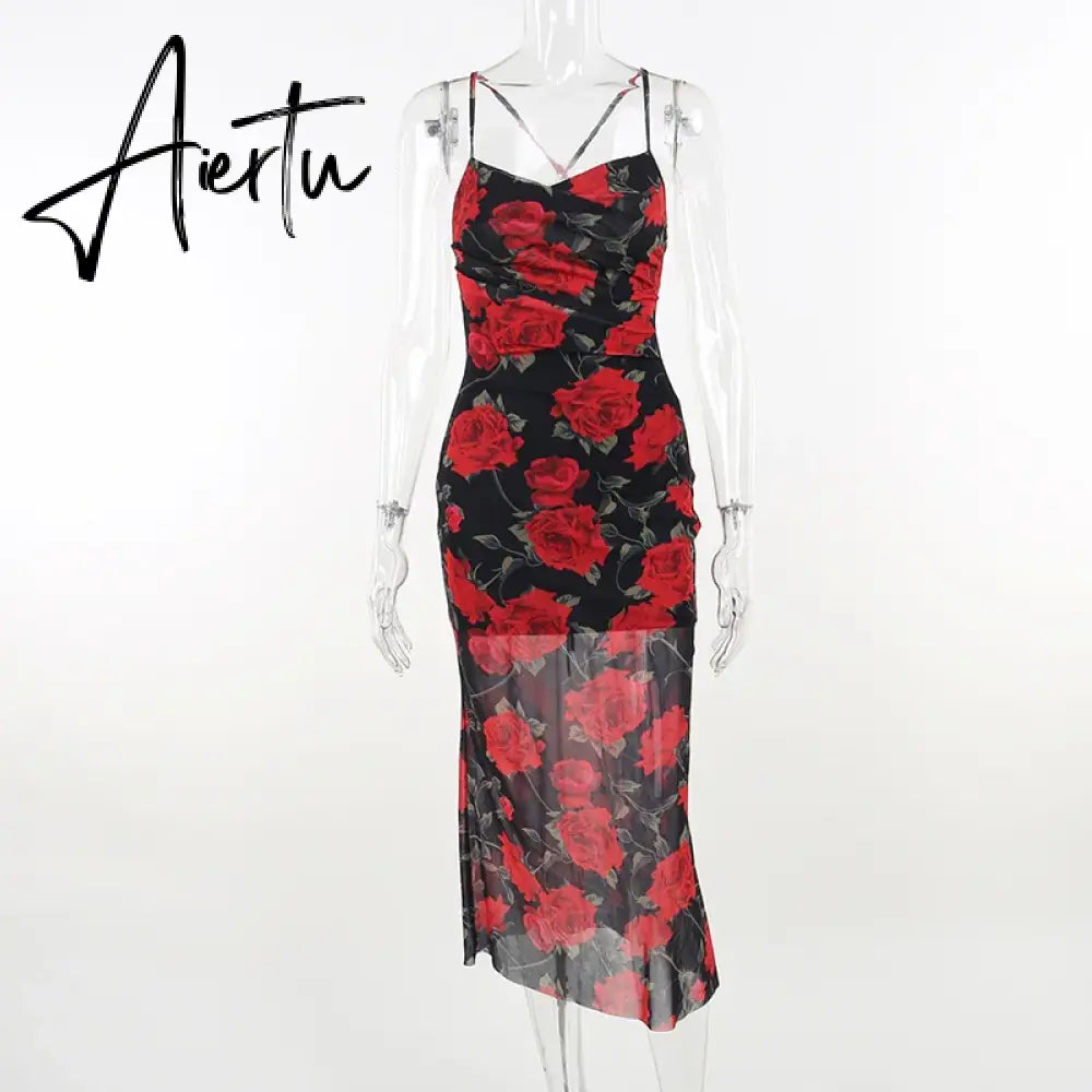 Aiertu Chic Fresh Rural Style Long Skirts Fashion Slim Fit Printed Suspended Dress 2023 Spring/Summer Sleeveless Off Shoulder Robes Aiertu